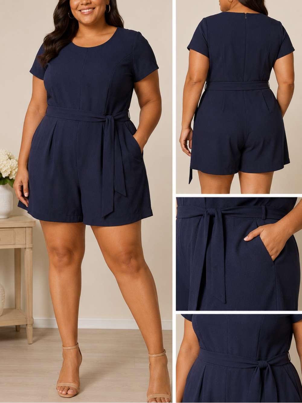 Lane Bryant Navy Short-Sleeve Belted Romper